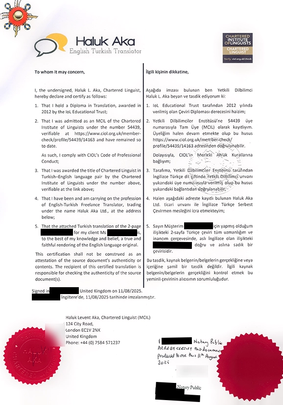 Yeminli tercüman Londra – örnek noter onaylı Türkçe İngilizce çeviri